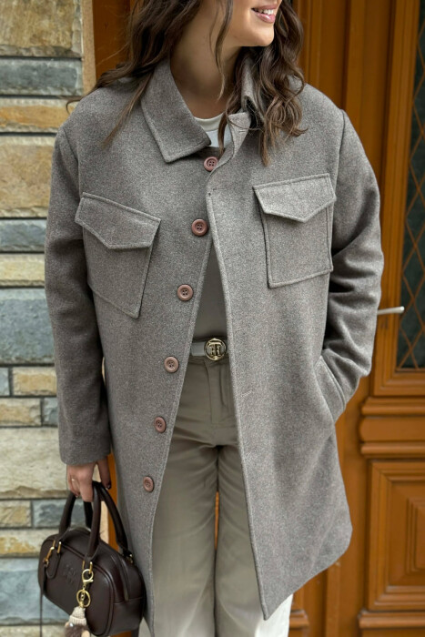 ONE COLOR POCKETS DETAILS WOMEN COAT BROWN/KAFE - 4