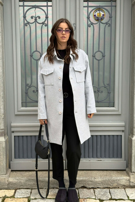 ONE COLOR POCKETS DETAILS WOMEN COAT LIGHT GREY/GZ - 1