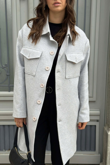 ONE COLOR POCKETS DETAILS WOMEN COAT LIGHT GREY/GZ - 3