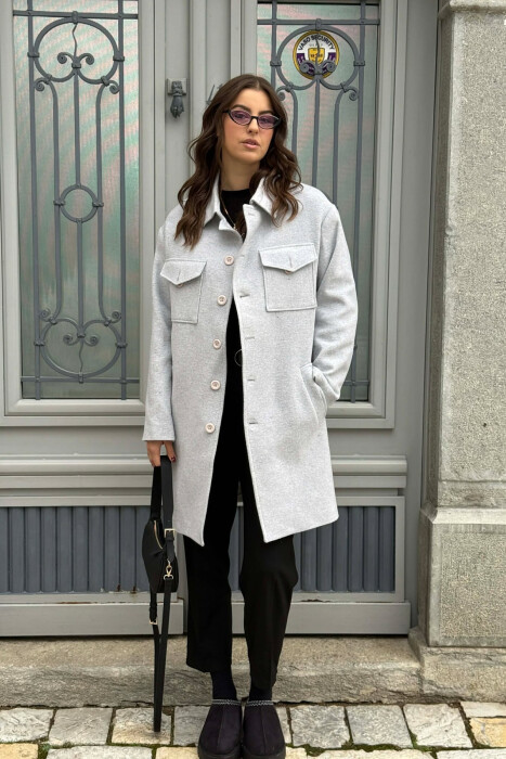 ONE COLOR POCKETS DETAILS WOMEN COAT LIGHT GREY/GZ - 4