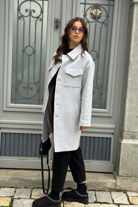ONE COLOR POCKETS DETAILS WOMEN COAT LIGHT GREY/GZ - 5