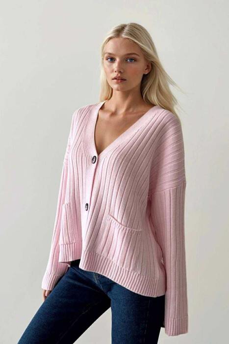 ONE COLOR POCKETS WOMEN CARDIGAN BABY PINK/ROZB 