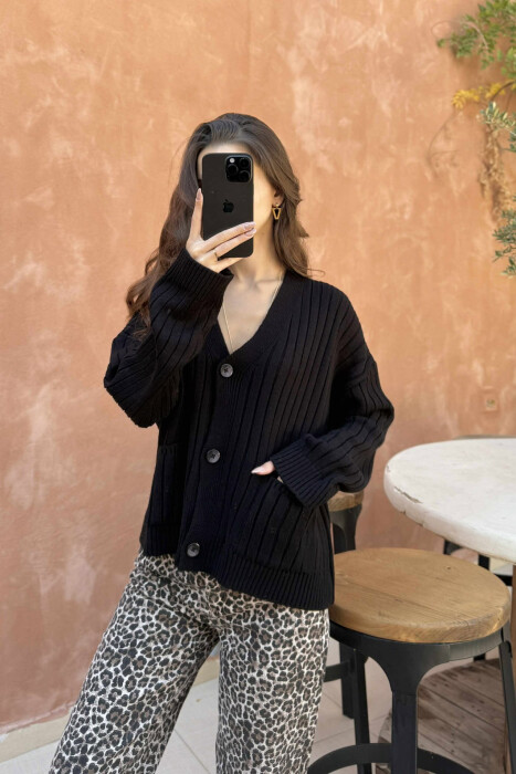 ONE COLOR POCKETS WOMEN CARDIGAN BLACK/ E ZEZE - 4