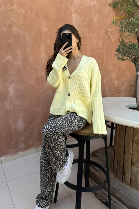 ONE COLOR POCKETS WOMEN CARDIGAN YELLOW/E VERDHE - 3