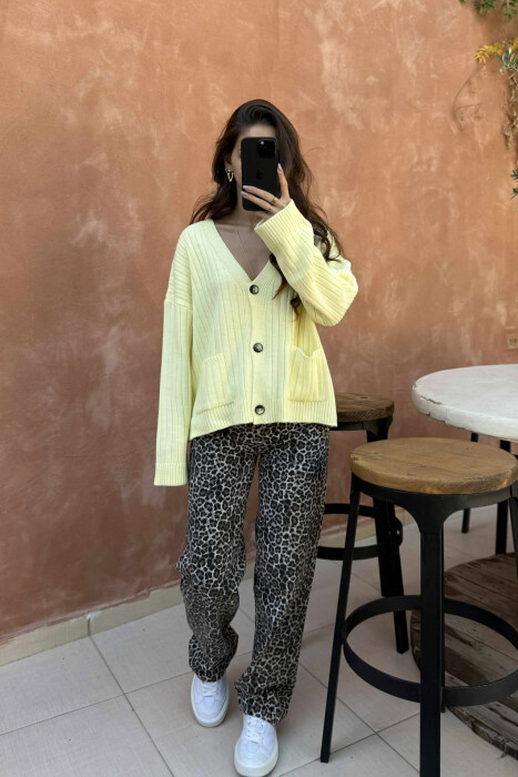 ONE COLOR POCKETS WOMEN CARDIGAN YELLOW/E VERDHE - 4