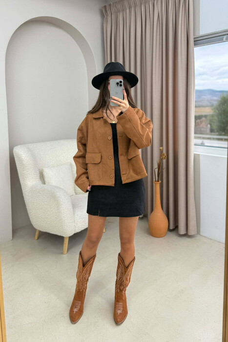 ONE COLOR POCKETS WOMEN JACKET BROWN/KAFE - 2