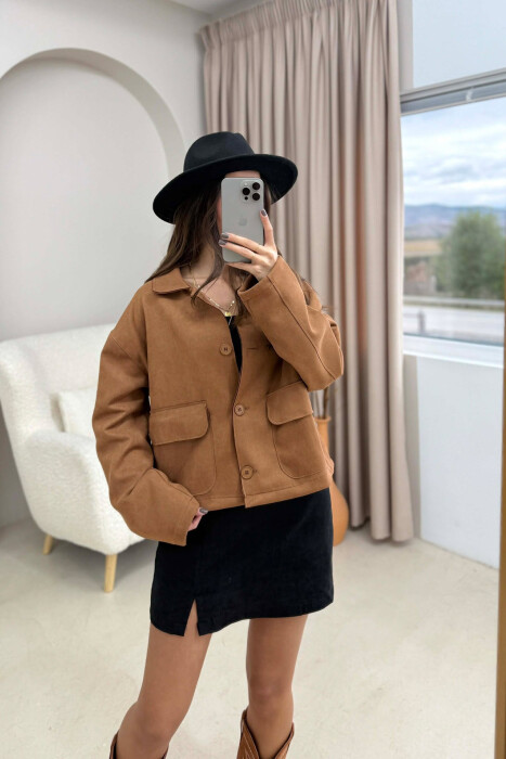 ONE COLOR POCKETS WOMEN JACKET BROWN/KAFE - 3