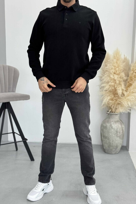 ONE COLOR POLO BUTTONED NECK MEN SWEATSHIRT BLACK/ E ZEZE - 1