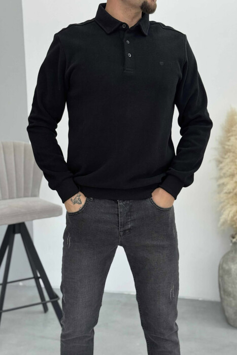 ONE COLOR POLO BUTTONED NECK MEN SWEATSHIRT BLACK/ E ZEZE - 2