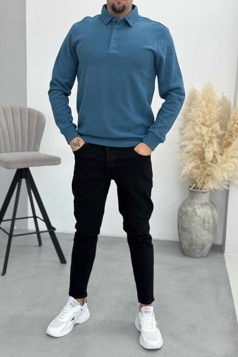 ONE COLOR POLO BUTTONED NECK MEN SWEATSHIRT BLUE STONE/GK - 1