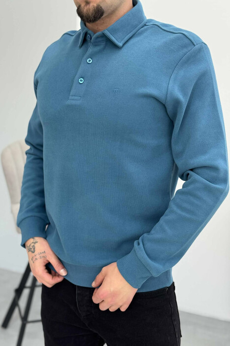 ONE COLOR POLO BUTTONED NECK MEN SWEATSHIRT BLUE STONE/GK - 2