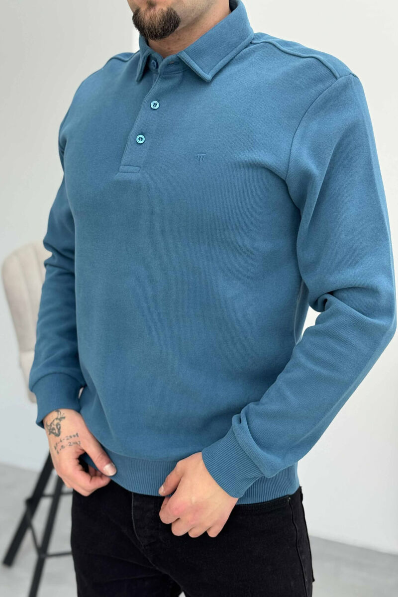ONE COLOR POLO BUTTONED NECK MEN SWEATSHIRT BLUE STONE/GK - 2