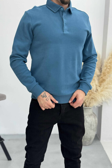 ONE COLOR POLO BUTTONED NECK MEN SWEATSHIRT BLUE STONE/GK - 4