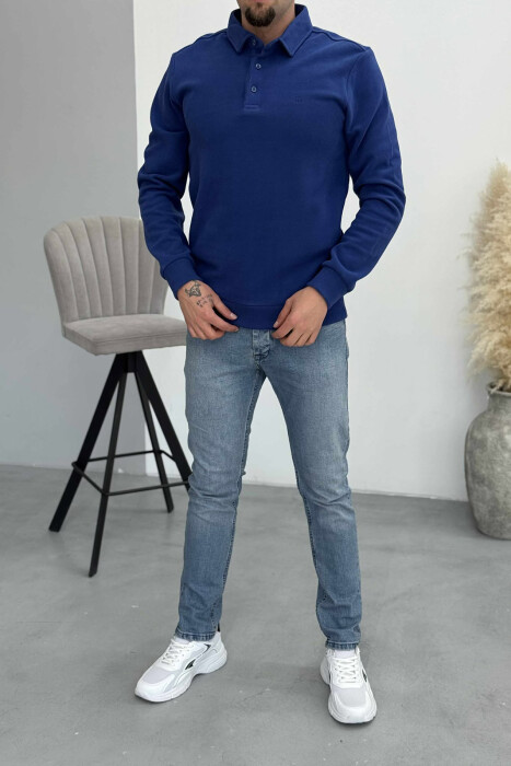 ONE COLOR POLO BUTTONED NECK MEN SWEATSHIRT BLUE/BLU - 1