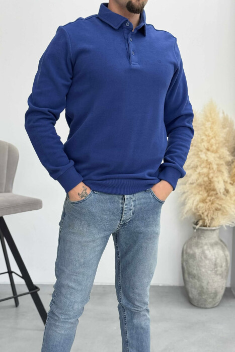 ONE COLOR POLO BUTTONED NECK MEN SWEATSHIRT BLUE/BLU - 4