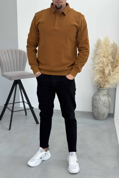 ONE COLOR POLO BUTTONED NECK MEN SWEATSHIRT BRICK/TULLE - KLAUDIO FASHION