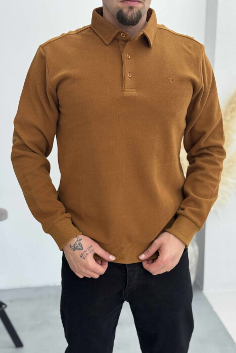 ONE COLOR POLO BUTTONED NECK MEN SWEATSHIRT BRICK/TULLE - 2