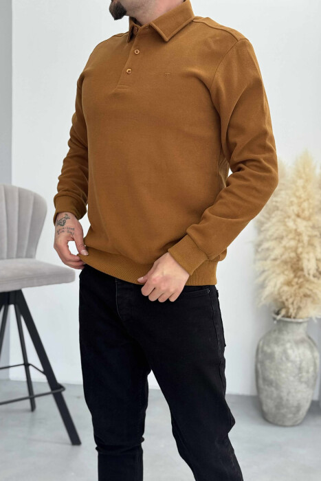 ONE COLOR POLO BUTTONED NECK MEN SWEATSHIRT BRICK/TULLE - 4