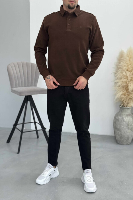 BLUZË NJË NGJYRËSHE ME JAKË POLO DHE BUTONA PËR MESHKUJ NË NGJYRËN KAFE - KLAUDIO FASHION