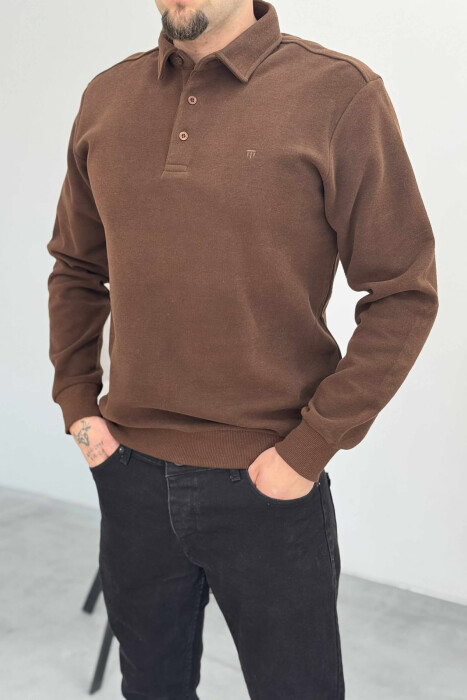 ONE COLOR POLO BUTTONED NECK MEN SWEATSHIRT BROWN/KAFE - 2