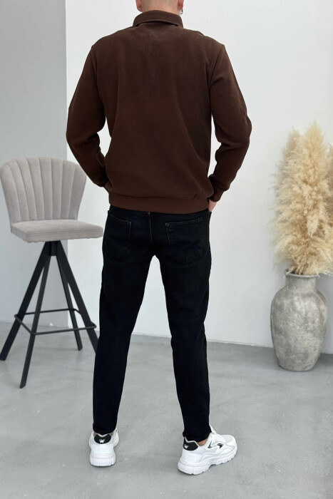 ONE COLOR POLO BUTTONED NECK MEN SWEATSHIRT BROWN/KAFE - 3