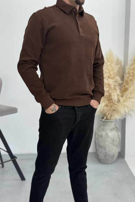 ONE COLOR POLO BUTTONED NECK MEN SWEATSHIRT BROWN/KAFE - 4