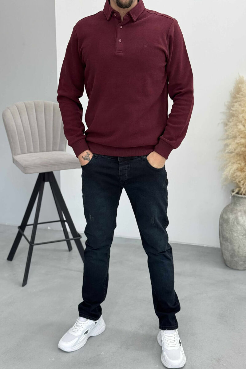 ONE COLOR POLO BUTTONED NECK MEN SWEATSHIRT BURGUNDY/VISHNJE - 1