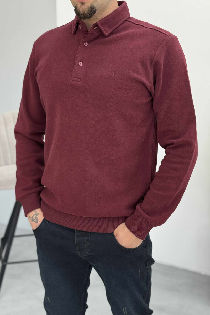 ONE COLOR POLO BUTTONED NECK MEN SWEATSHIRT BURGUNDY/VISHNJE - 2