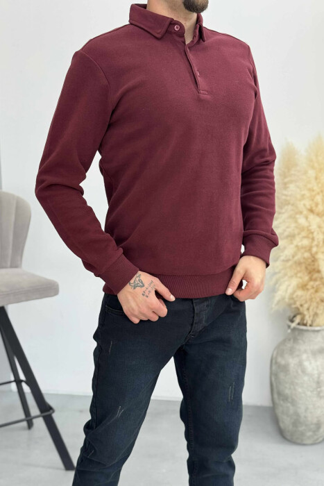 ONE COLOR POLO BUTTONED NECK MEN SWEATSHIRT BURGUNDY/VISHNJE - 4