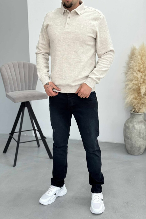 ONE COLOR POLO BUTTONED NECK MEN SWEATSHIRT CREAM/KREM - 1