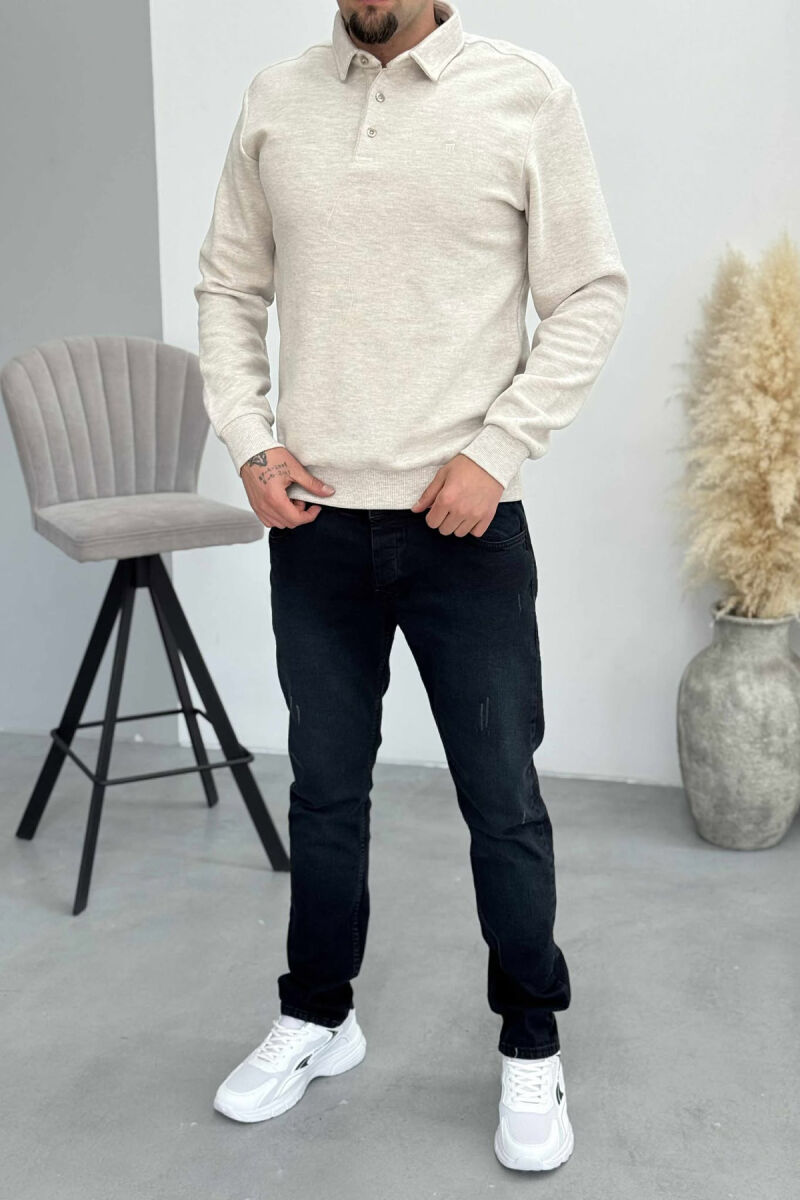 ONE COLOR POLO BUTTONED NECK MEN SWEATSHIRT CREAM/KREM - 1