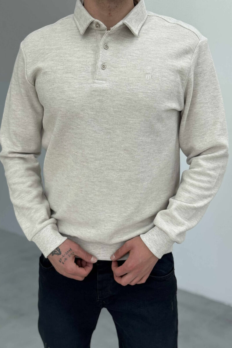 ONE COLOR POLO BUTTONED NECK MEN SWEATSHIRT CREAM/KREM - 2