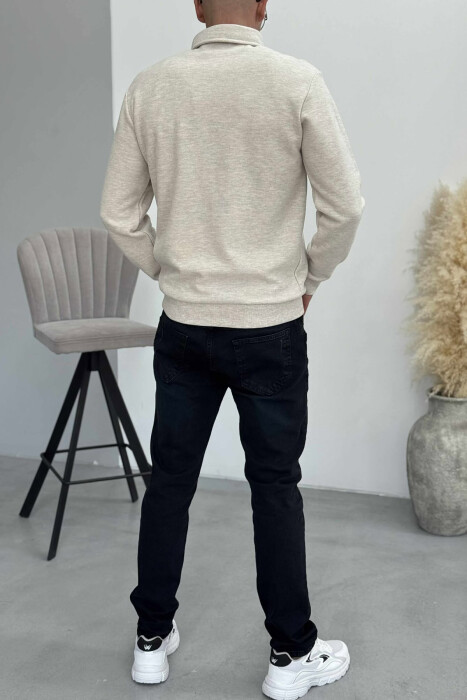 ONE COLOR POLO BUTTONED NECK MEN SWEATSHIRT CREAM/KREM - 3