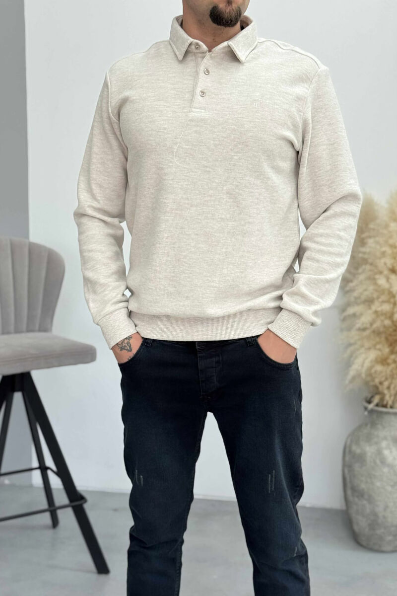 ONE COLOR POLO BUTTONED NECK MEN SWEATSHIRT CREAM/KREM - 4