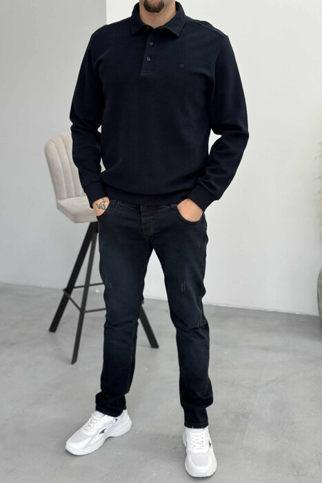 ONE COLOR POLO BUTTONED NECK MEN SWEATSHIRT DARK BLUE/BEE - 1