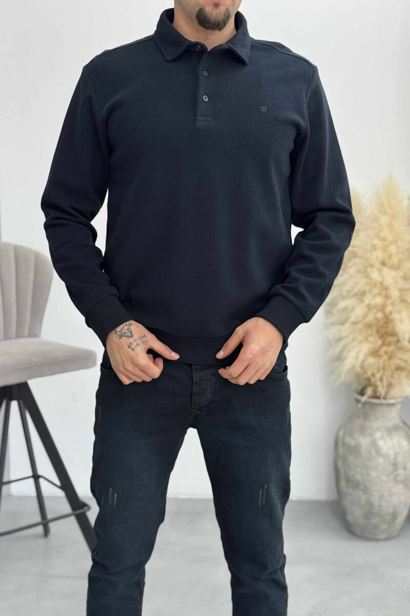 ONE COLOR POLO BUTTONED NECK MEN SWEATSHIRT DARK BLUE/BEE - 2