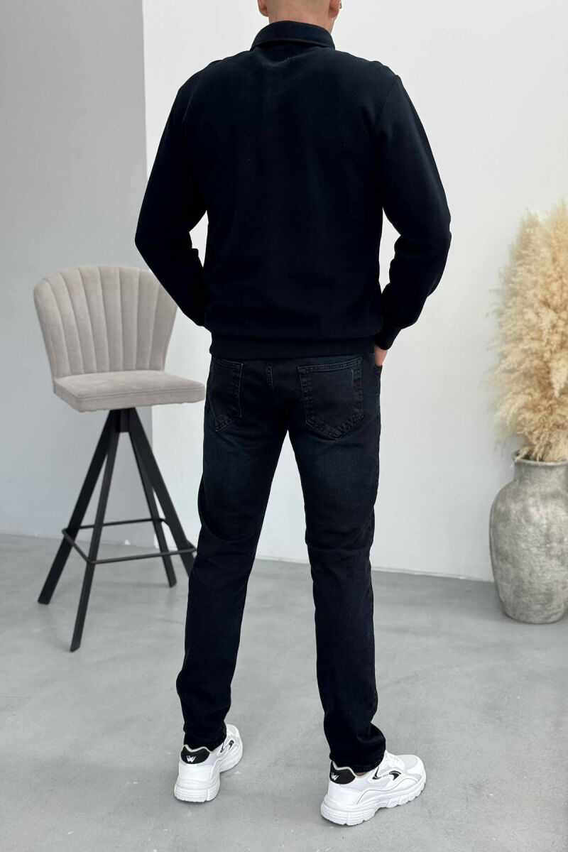 ONE COLOR POLO BUTTONED NECK MEN SWEATSHIRT DARK BLUE/BEE - 3