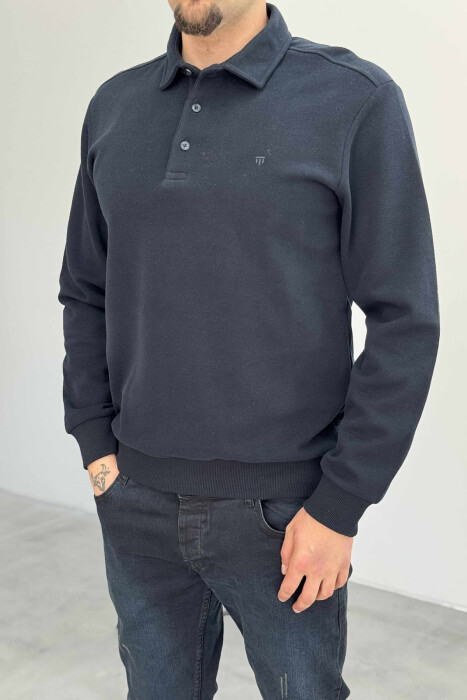 ONE COLOR POLO BUTTONED NECK MEN SWEATSHIRT DARK BLUE/BEE - 4