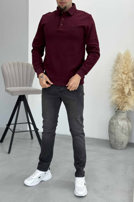 ONE COLOR POLO BUTTONED NECK MEN SWEATSHIRT DARK BURGUNDY/VISHNJE E ERRET - KLAUDIO FASHION