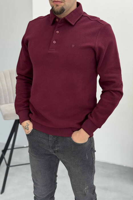 ONE COLOR POLO BUTTONED NECK MEN SWEATSHIRT DARK BURGUNDY/VISHNJE E ERRET - 2