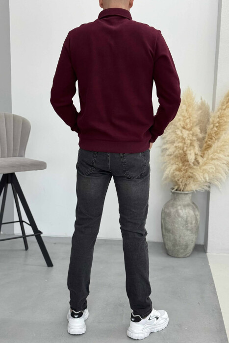ONE COLOR POLO BUTTONED NECK MEN SWEATSHIRT DARK BURGUNDY/VISHNJE E ERRET - 3