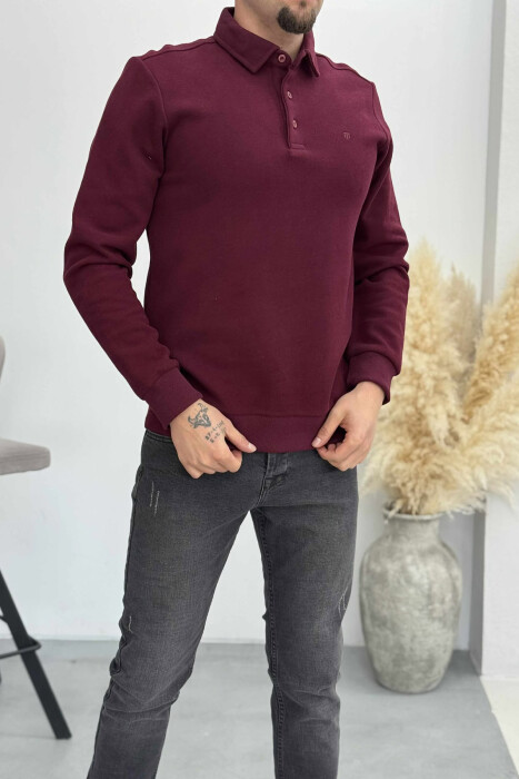 ONE COLOR POLO BUTTONED NECK MEN SWEATSHIRT DARK BURGUNDY/VISHNJE E ERRET - 4