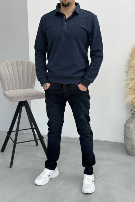 ONE COLOR POLO BUTTONED NECK MEN SWEATSHIRT DARK SLATE BLUE/BLU LEJLA - KLAUDIO FASHION