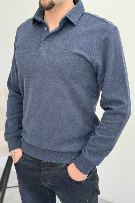 ONE COLOR POLO BUTTONED NECK MEN SWEATSHIRT DARK SLATE BLUE/BLU LEJLA - 2