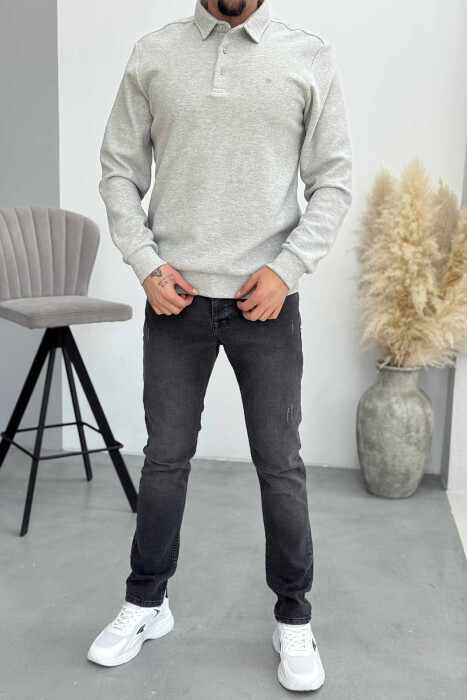 ONE COLOR POLO BUTTONED NECK MEN SWEATSHIRT LIGHT GREY/GZ - KLAUDIO FASHION