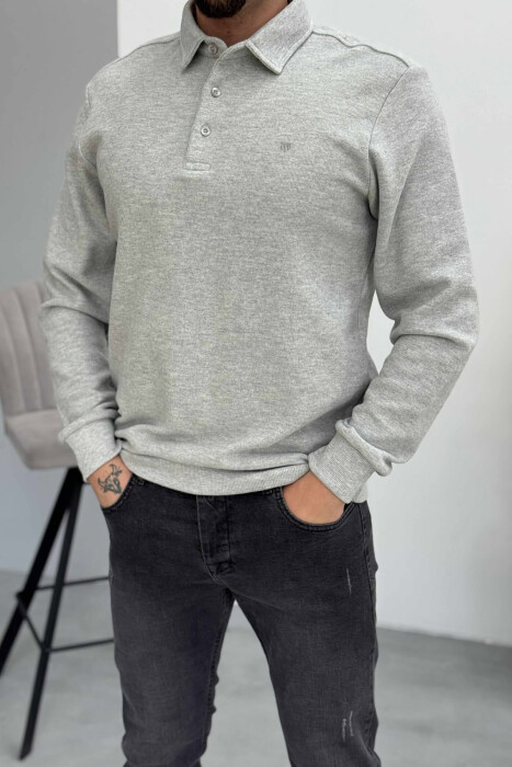 ONE COLOR POLO BUTTONED NECK MEN SWEATSHIRT LIGHT GREY/GZ - 2