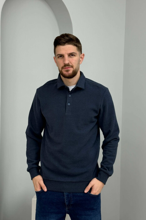 ONE COLOR POLO BUTTONED NECK MEN SWEATSHIRT NAVY BLUE/BLU MARINE - 2