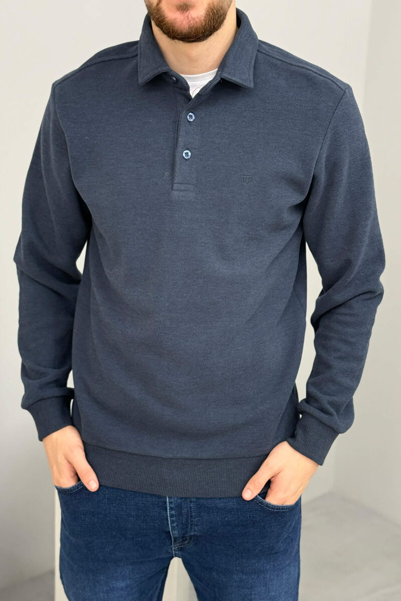 ONE COLOR POLO BUTTONED NECK MEN SWEATSHIRT NAVY BLUE/BLU MARINE - 4