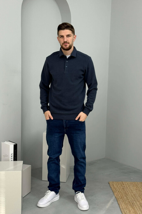 ONE COLOR POLO BUTTONED NECK MEN SWEATSHIRT NAVY BLUE/BLU MARINE - 8