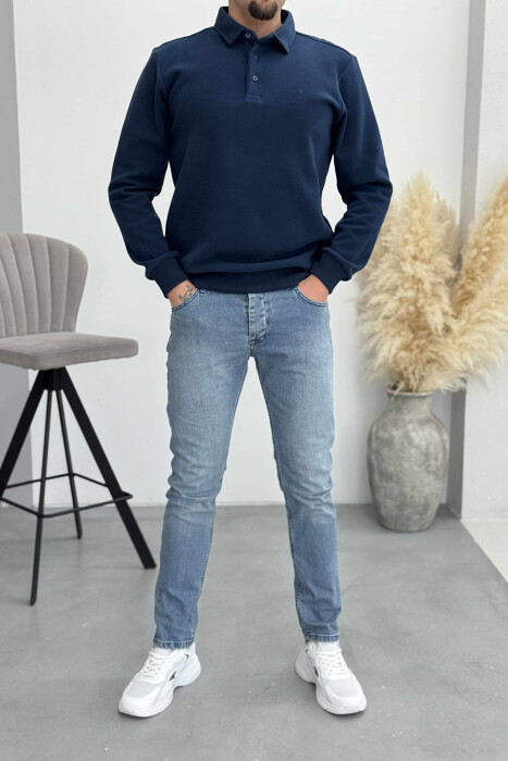 ONE COLOR POLO BUTTONED NECK MEN SWEATSHIRT NAVY BLUE/BLU MARINE - 1